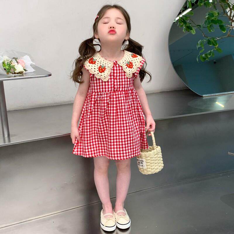 女小童夏款花边领连衣裙洋气2026新款女宝宝夏季小飞袖格子裙韩版