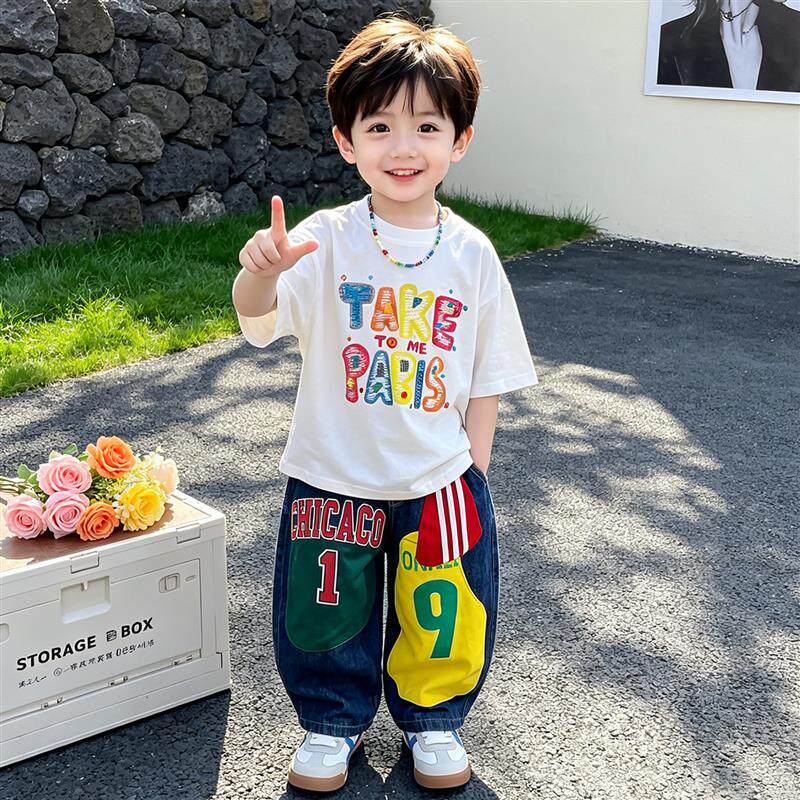 男童套装2026夏季新款儿童薄款短袖牛仔长裤幼儿夏季服饰男孩酷帅