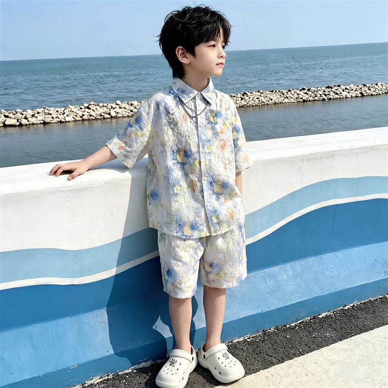男童痞帅粉色花衬衫套装夏季儿童短袖韩范小少爷衣服2026新款夏装