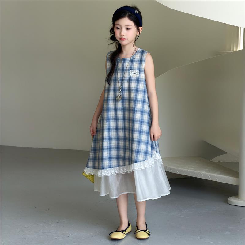 女童格子拼接洋装夏装2026新款儿童无袖韩版中大童薄款背心裙子