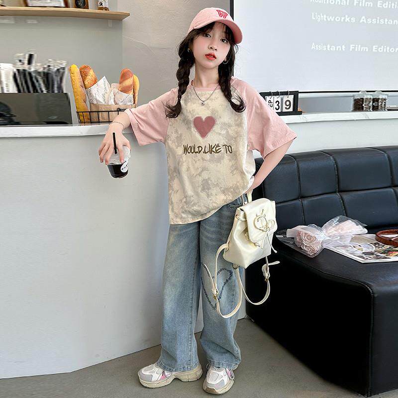 女童夏季套装2026新款洋派大童休闲短袖T恤夏装儿童牛仔裤两件套
