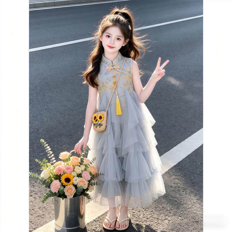 女童连衣裙夏季2026新款儿童新中式蓬蓬裙女大童夏装旗袍网纱裙子