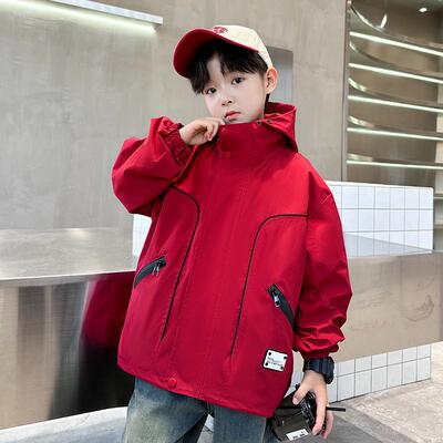 男童外套春秋季2025新款儿童春装风衣12岁男孩本命年红色休闲上衣