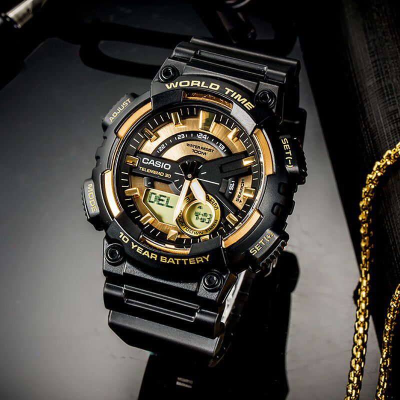 Casio卡西欧手表男潮流学生运动多功能防水夜光双显电子表AEQ-110