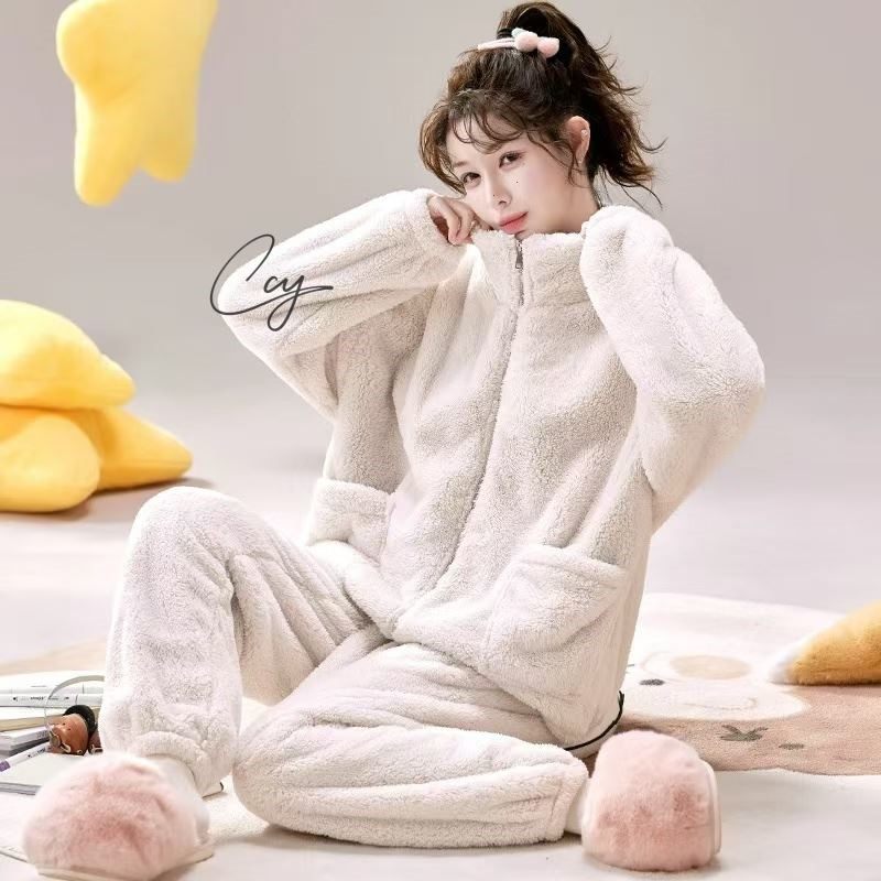 双面北极绒加厚加绒保暖睡衣冬季家居服2025新款拉链设计长袖冬服