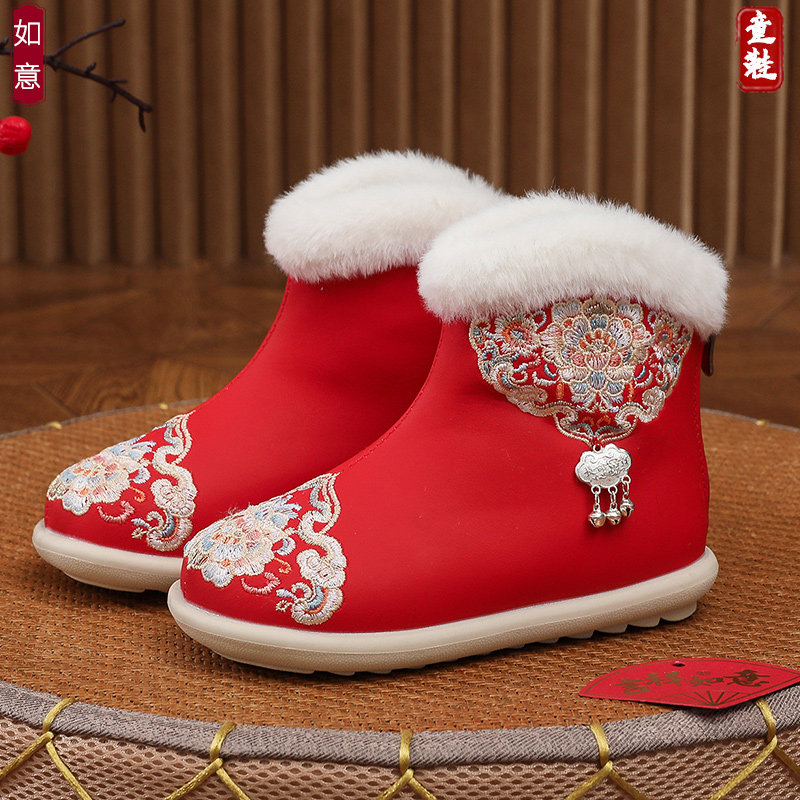 女童冬季皮面短靴宝宝新年汉服鞋