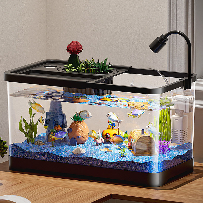 家用生态透明鱼缸桌面方形斗鱼缸办公室客厅造景溪流缸乌龟饲养缸