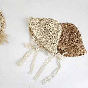 ins网红宝宝蕾丝系带草帽韩国儿童遮阳帽春夏婴儿女小童草编帽子