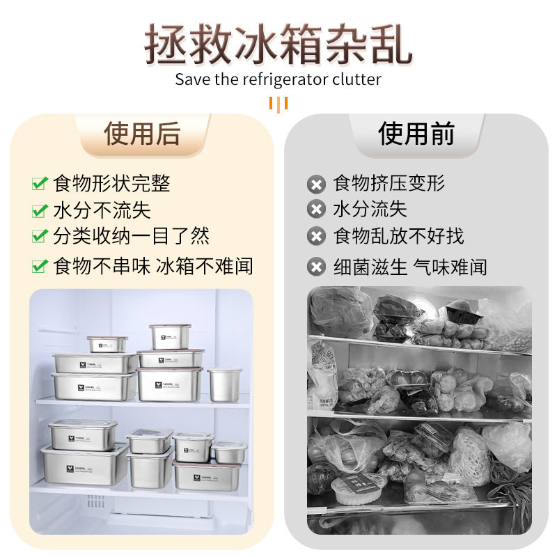 304不锈钢保鲜盒食品级饭盒带盖冰箱收纳冷冻密封盒便当餐盒方盒