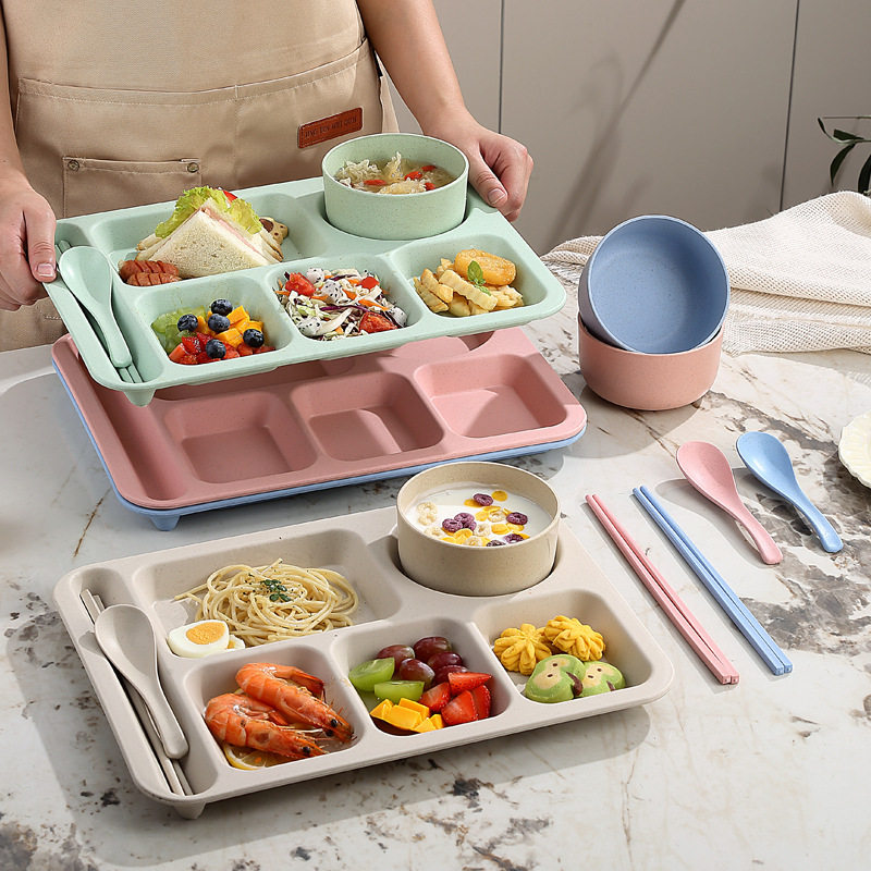 小麦秸秆分隔餐盘套装家用学生分格盘塑料成人饭盘食堂饭店快餐盘