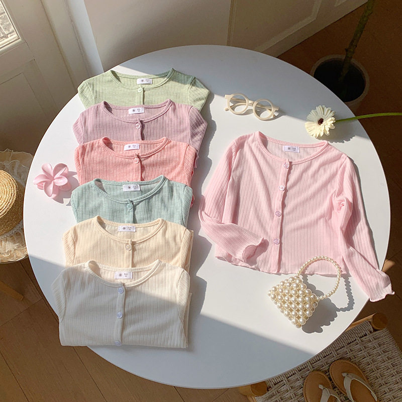 女童坑条夏季针织开衫2026新款糖果色长袖防晒衣洋气空调衫打底衫