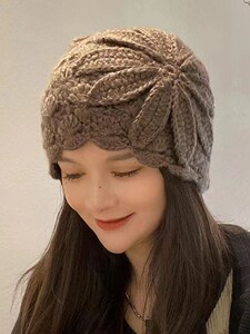 手工钩花包头帽遮白发毛线帽秋冬防寒保暖帽子女镂空针织帽瓜皮帽