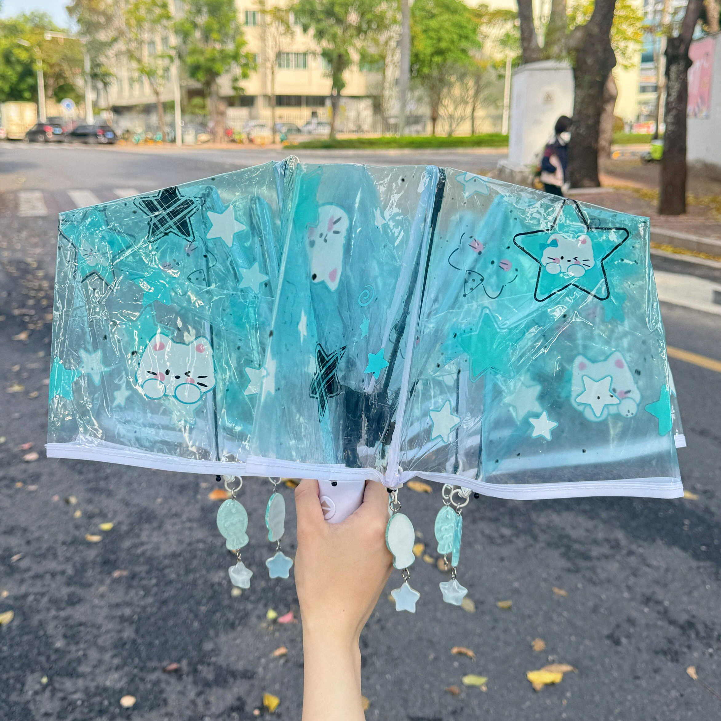 小鱼挂坠~~高颜值凯蒂猫咪透明雨伞卡通网红折叠加厚自动可爱学生