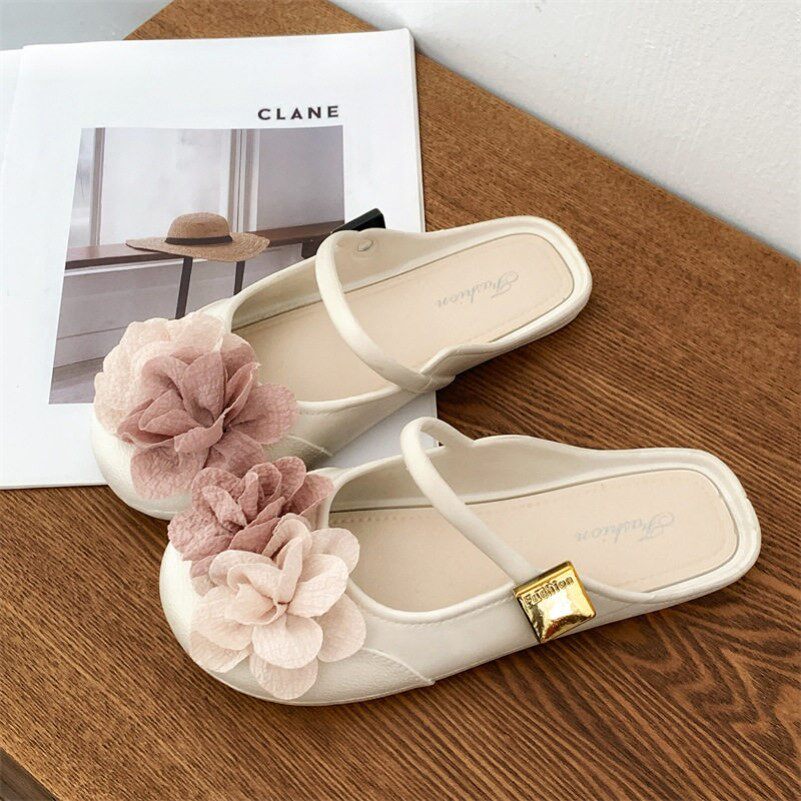 包头半拖鞋女士夏季新款外穿凉拖鞋平底花朵软底玛丽珍女鞋配裙子
