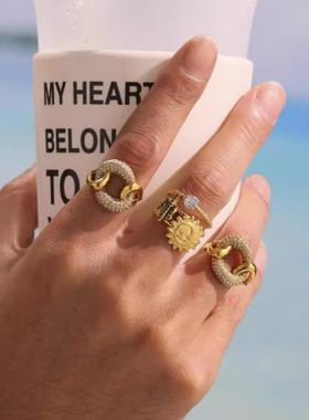 新款扭结满钻百搭戒指欧美风高端几何侧开口指环女环形扣食指戒