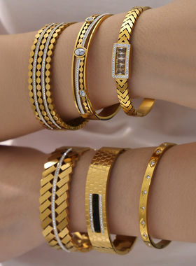 不锈钢几何菱形镶嵌锆石卡扣手镯