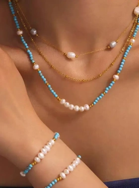欧美春夏新款蓝松石天然淡水珍珠锁骨链手链女小众设计饰品套装