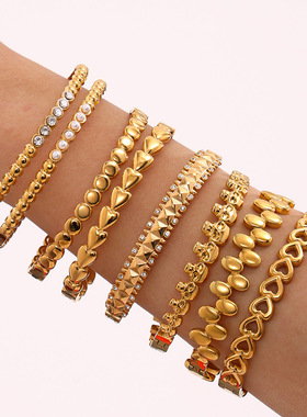 轻奢极简环形镶钻锆石手镯组合钛钢高端饰品18K金Bracelet欧美风