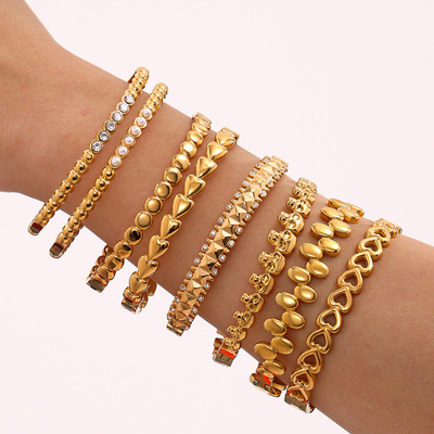 轻奢极简环形镶钻锆石手镯组合钛钢高端饰品18K金Bracelet欧美风