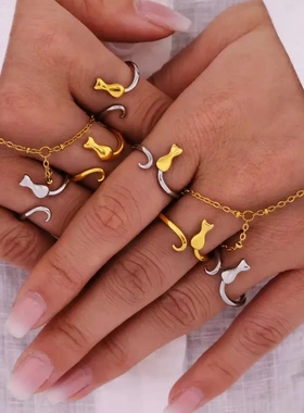 个性小猫咪开口戒指女可调节时尚喵星人食指环饰品钛钢高端尾戒