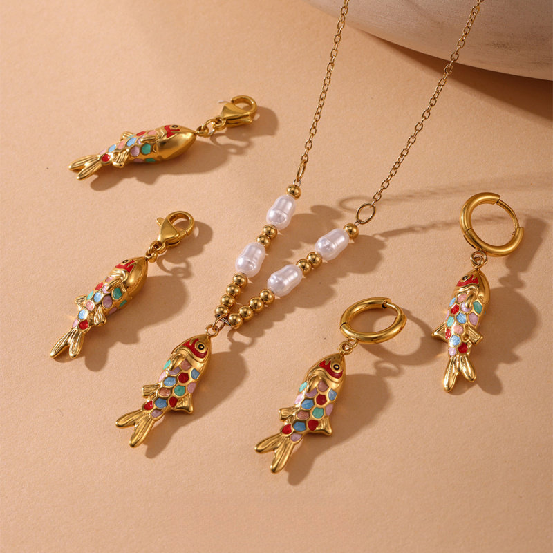 欧美饰品钛钢珍珠钢珠珐琅小鱼吊坠项链耳环时尚百搭个性首饰套装,饰品/流行首饰/时尚饰品新,组合套装,淘宝优惠券,粉丝福利购,淘宝优惠卷