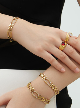 几何形镶钻拼接方格表带链手链不