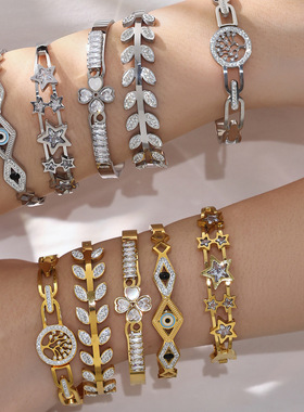 不锈钢恶魔之眼锆石开口手镯镀18