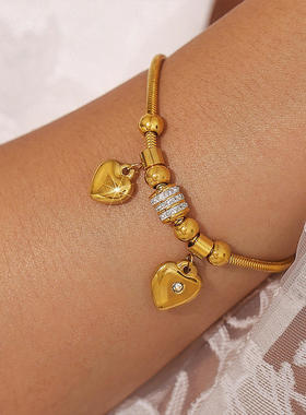 欧美跨境饰品 双桃心粘捷克水钻多配件软蛇手链小众ins钛钢饰品