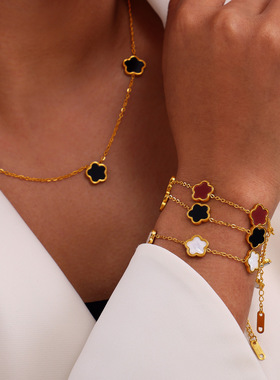 韩式简约休闲风饰品花朵造型镶嵌白海贝亚克力设计感钛钢首饰套装