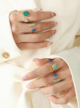 中性风港式开口可调节珐琅手工滴油戒指钛钢镀金指环个性ins手饰