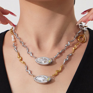 欧美高端新款马眼大锆石吊坠天然淡水珍珠肌理锁骨项链钛钢饰品女