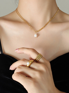 欧美ins饰品辣妹双链条淡水珍珠