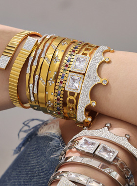 不锈钢皇冠锆石手镯镀18k金ins欧