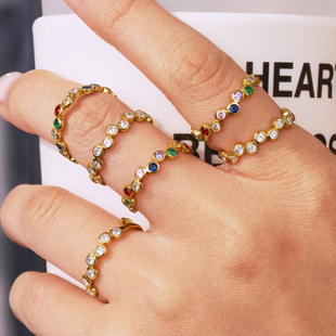 欧美高端钛钢开口满圈锆石带钻戒指镀18k金彩色个性珠宝食指戒女