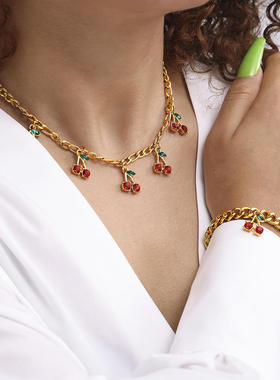 欧美风时尚气质玻璃石红色樱桃首饰套装跨境流行饰品简约项链手链