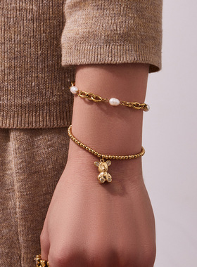 小熊圆珠弹力手串不锈钢珍珠手链