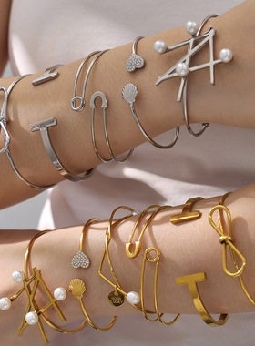 仿珍珠几何手环不锈钢镀金18k金