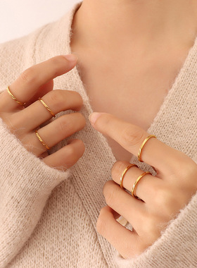 韩潮时尚百搭花纹细款戒指钛钢材