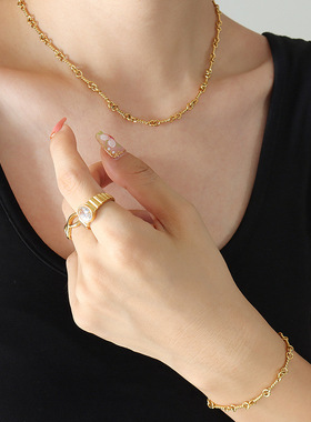 独特创意时尚个性ins韩系新款钛钢镀金环环相扣项链手链首饰套装