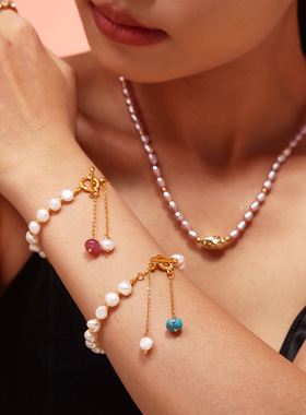 欧美淡水珍珠手链OT扣流苏天然石