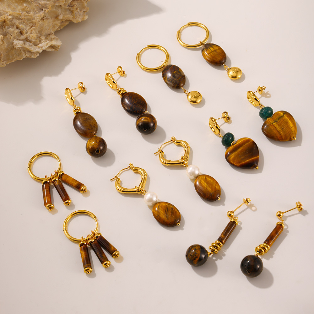 美拉德中古天然虎眼石钛钢电镀18k金吊坠高端个性耳环女耳饰组合