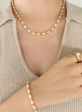 中式民族风新款复古首饰配饰淡水珍珠拼接小蛮腰项链手链首饰套装