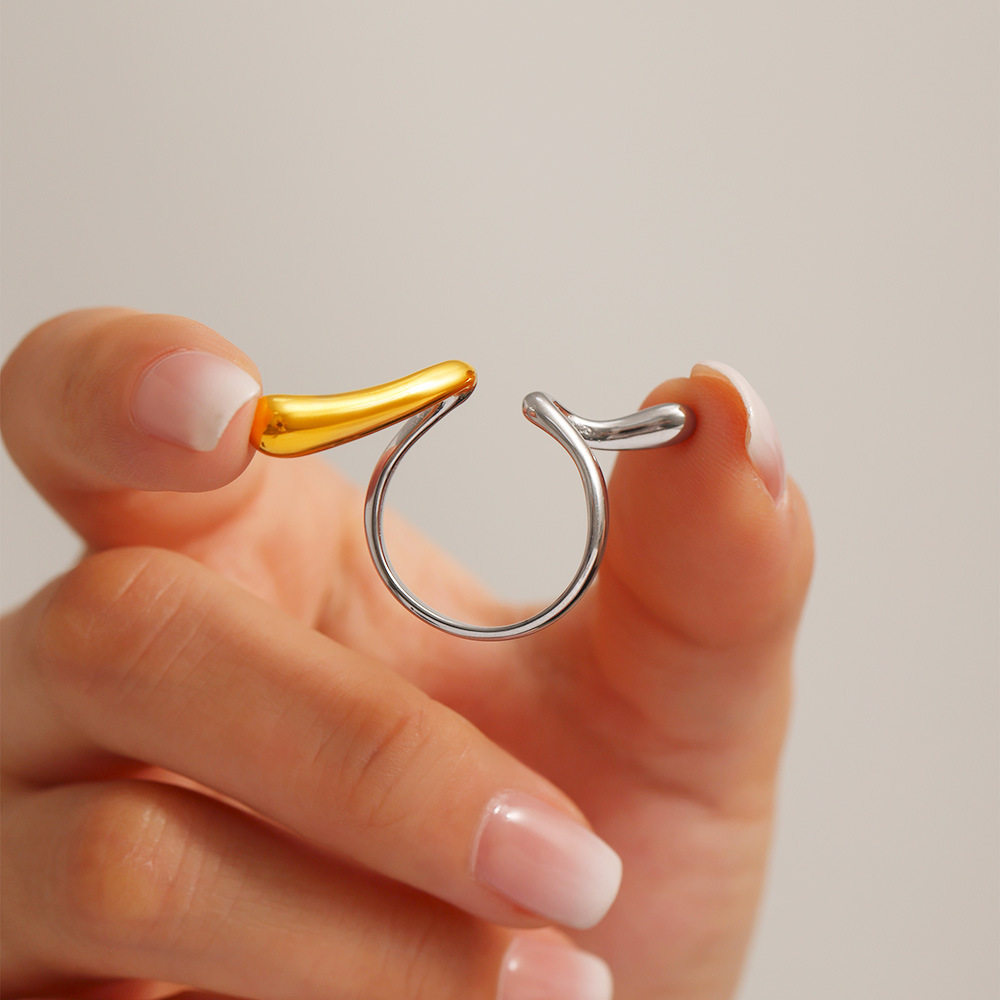 朋克风几何拼色开口指环女欧美高端夸张饰品钛钢镀18K金色首饰