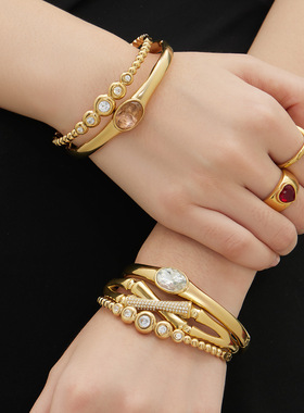 交叉竹节镶钻手镯椭圆锆石不锈钢