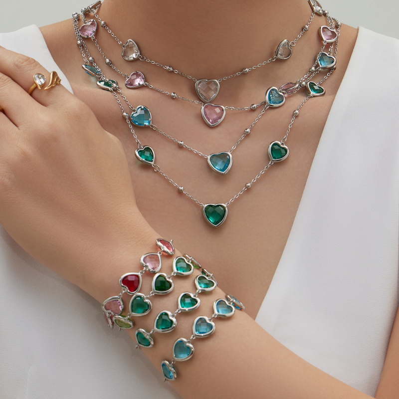 不规则精切割糖果色心形玻璃石手链项链耳环时尚精致钛钢首饰品女