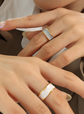 ins时尚简约浪漫时尚珐琅滴油蓝白色莫兰迪色开口戒指 欧美跨境潮