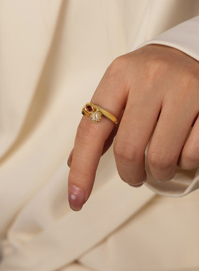 赫本风个性优雅气质小众轻奢饰品镶钻圆球锆石吊坠铜材质开口戒指