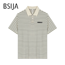 BSIJA/毕厶迦2024夏季新款短袖POLO衫潮流条纹休闲时尚微弹T恤