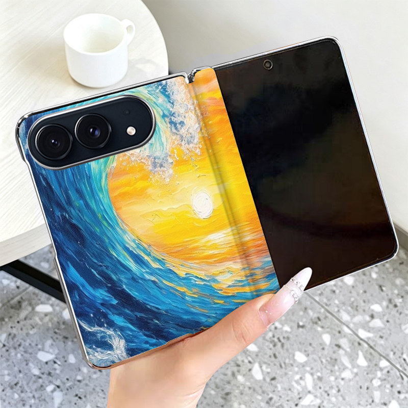 浪卷夕阳适用iPhoneDuo手机壳全包中轴磁吸高级皮套电镀银色边框苹果Duo折叠屏保护套个性超薄防摔手机套