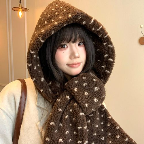 韩系棕色波点羊羔毛帽子围巾一体女冬季加厚保暖时髦连帽围脖学生